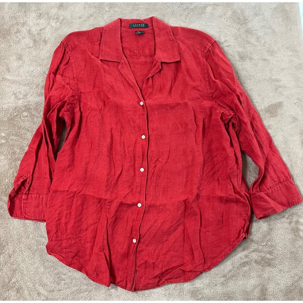 Lauren Ralph Lauren Linen Shirt Women Size XL Red Button Up Long Sleeve EUC
